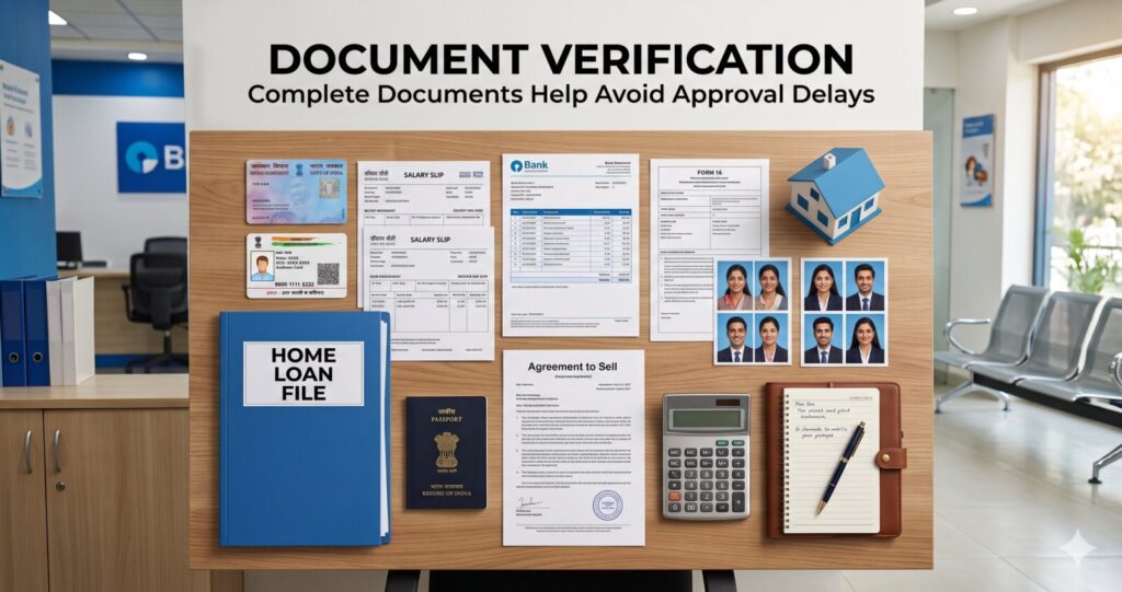 Home Loan Approval Process in India (2026 Guide): Step-by-Step from Application to Disbursement | PennyPowerPlay Essential documents required for home loan verification in India, including PAN Card, Aadhaar Card, salary slips, bank statements, and property papers.