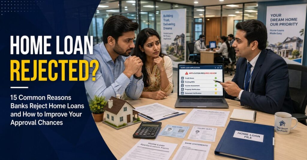 Indian couple discussing home loan rejection reasons with a housing finance officer in a modern bank branch.