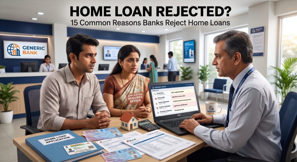 Home Loan Rejection Reasons in India discussed by a housing finance officer with an Indian couple