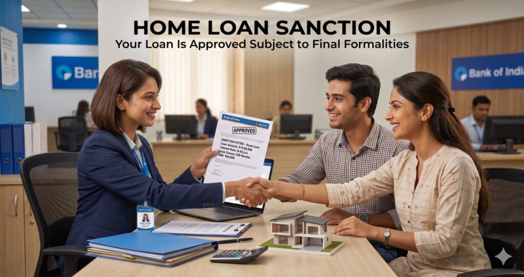 Home Loan Approval Process in India (2026 Guide): Step-by-Step from Application to Disbursement | PennyPowerPlay Indian couple receiving a home loan sanction letter from a housing finance officer after completing the approval process.