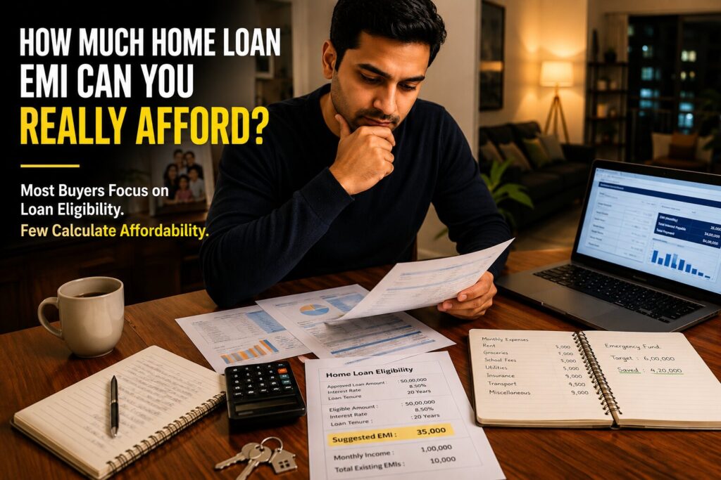 How Much Home Loan EMI Can You Really Afford? Home buyer reviewing loan affordability and monthly budget before purchasing a property.