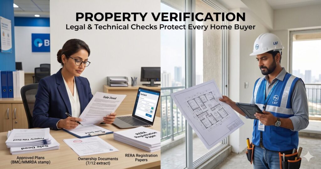 Home Loan Approval Process in India (2026 Guide): Step-by-Step from Application to Disbursement | PennyPowerPlay Legal expert reviewing property documents while a technical engineer inspects a residential property during the home loan approval process.