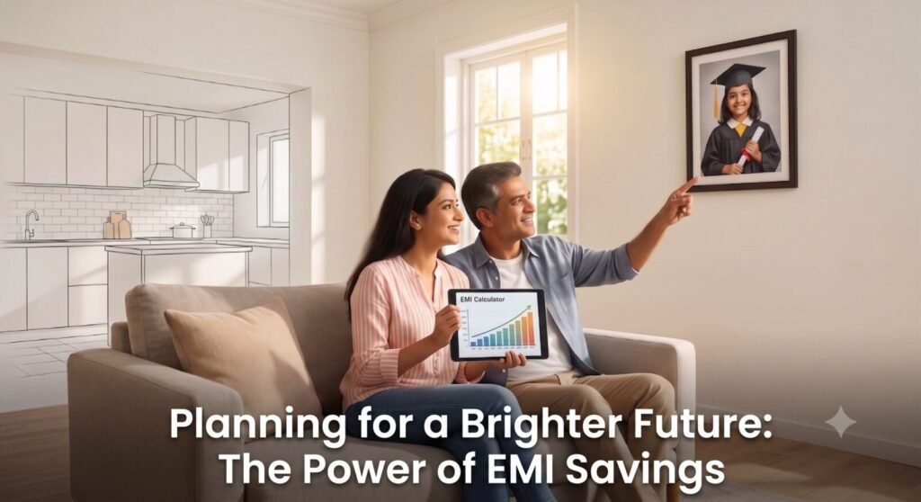 Happy couple on a couch using an EMI calculator tablet, looking at their daughter’s framed graduation photo and a sketched kitchen renovation. Text at the bottom says: "Planning for a Brighter Future: The Power of EMI Savings".
