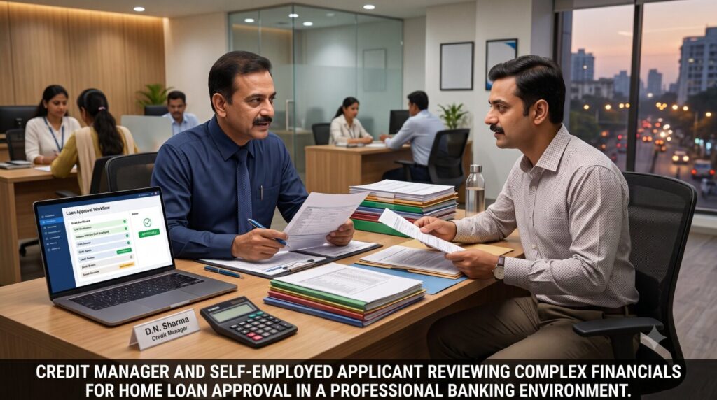 Home Loan Eligibility for Self-Employed in India (2026): Complete Guide for Professionals & Business Owners | PennyPowerPlay A photograph of an Indian bank credit manager, D.N. Sharma, and a self-employed home loan applicant reviewing piles of financial documents across a desk. In the background is a modern office with staff and a city skyline at dusk. A laptop displays a "Loan Approval Workflow" on screen.
