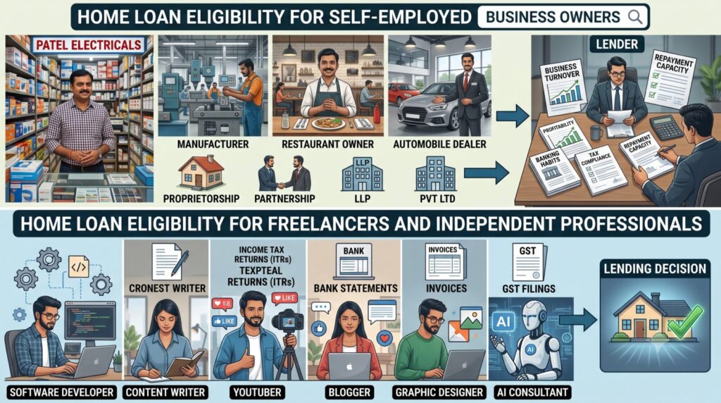 Home Loan Eligibility for Self-Employed in India (2026): Complete Guide for Professionals & Business Owners | PennyPowerPlay A detailed infographic and photo collage explaining home loan eligibility in India for self-employed individuals, business owners, and freelancers.
