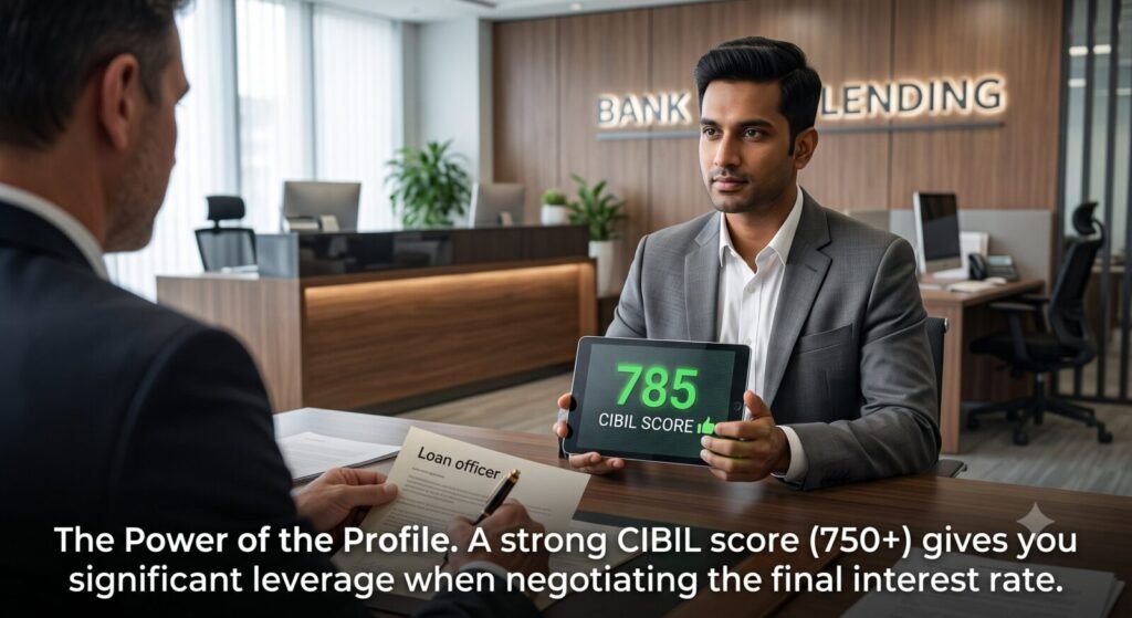 Borrower presenting a 785 CIBIL credit score to a bank officer for home loan rate negotiation
