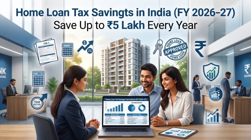 Indian couple calculating home loan tax benefits under Section 80C and Section 24(b) for FY 2026-27.