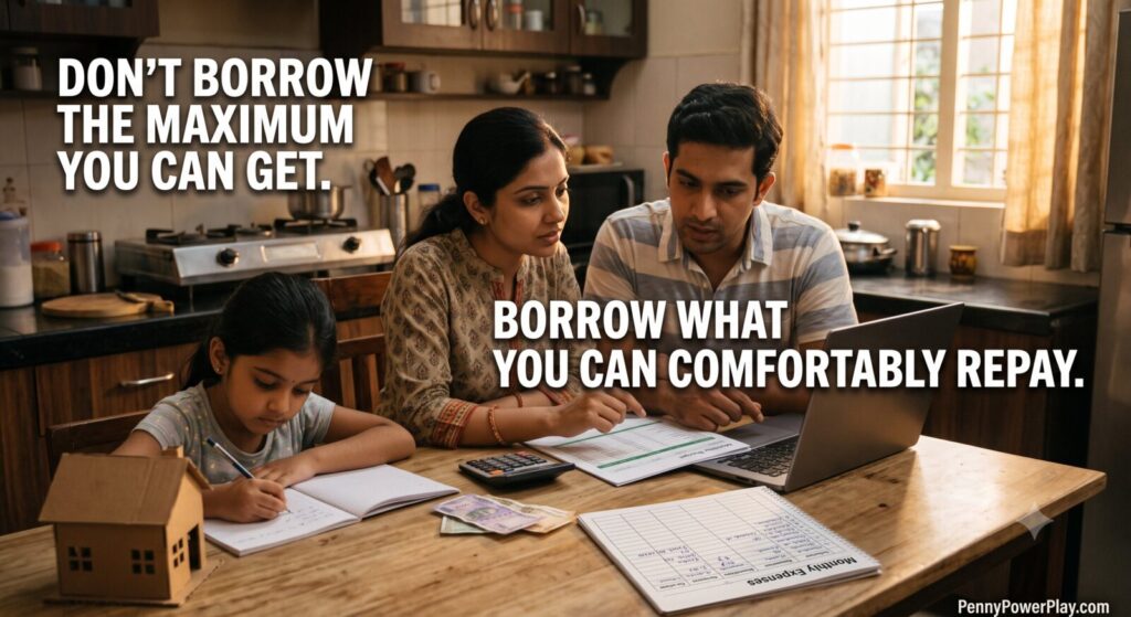 Indian family planning a comfortable home loan EMI using a monthly budget, calculator, and laptop before buying a house.