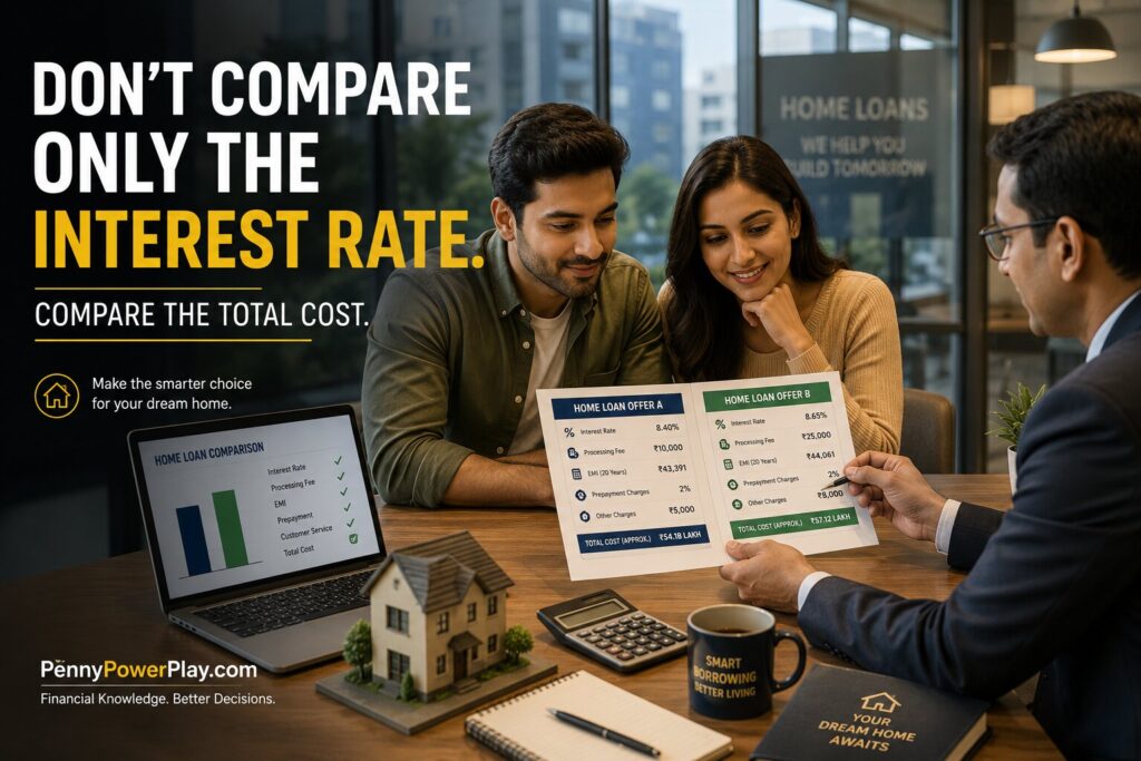 Young Indian couple comparing two home loan offers with a loan advisor, highlighting that borrowers should compare the total borrowing cost instead of only the interest rate.