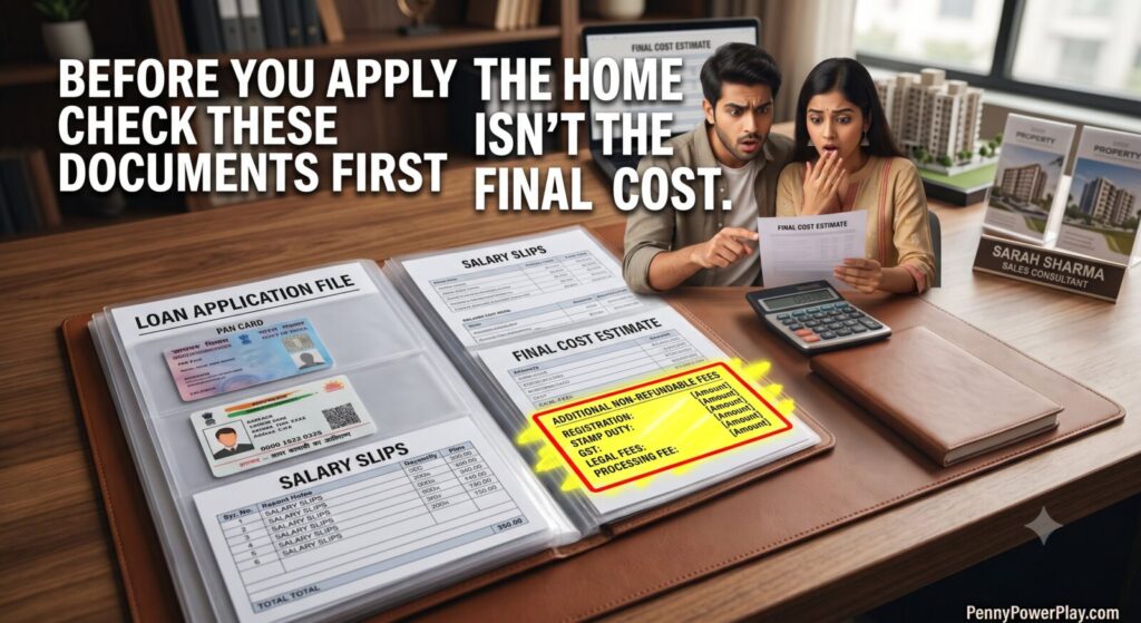 Indian couple reviewing hidden home buying costs including stamp duty, registration charges, GST, legal fees, processing fees, and other expenses before purchasing a house.