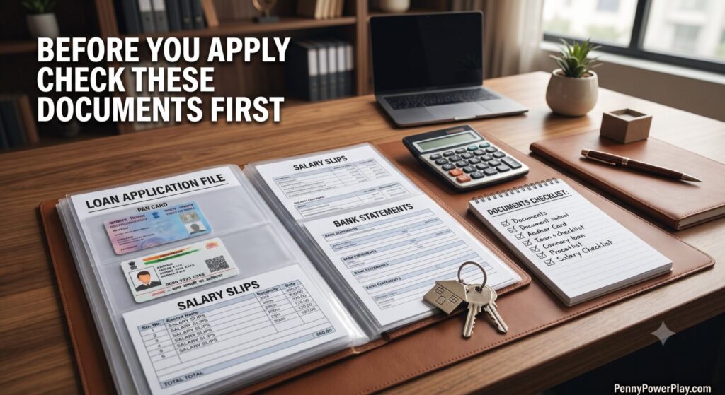 Indian home loan applicant reviewing essential documents including PAN card, Aadhaar card, salary slips, bank statements, and property papers before submitting a home loan application.