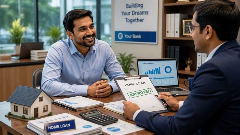 Home Loan Eligibility for Self-Employed in India (2026): Complete Guide for Professionals & Business Owners | PennyPowerPlay Home Loan Eligibility for Self-Employed discussing loan approval with a bank relationship manager
