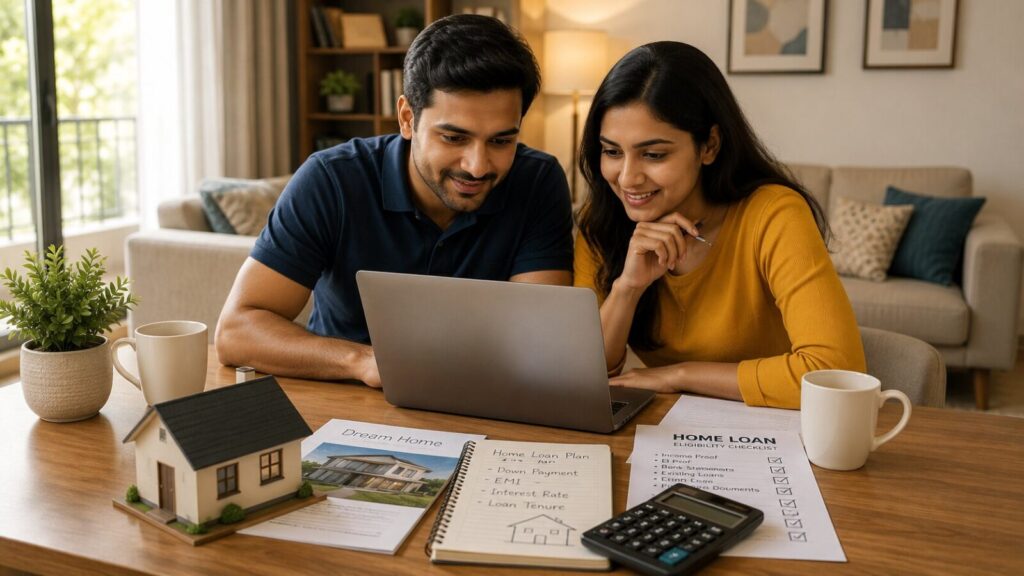 Home Loan Eligibility for Self-Employed in India (2026): Complete Guide for Professionals & Business Owners | PennyPowerPlay Home Loan Eligibility for Self-Employed couple calculating home loan EMI using a laptop