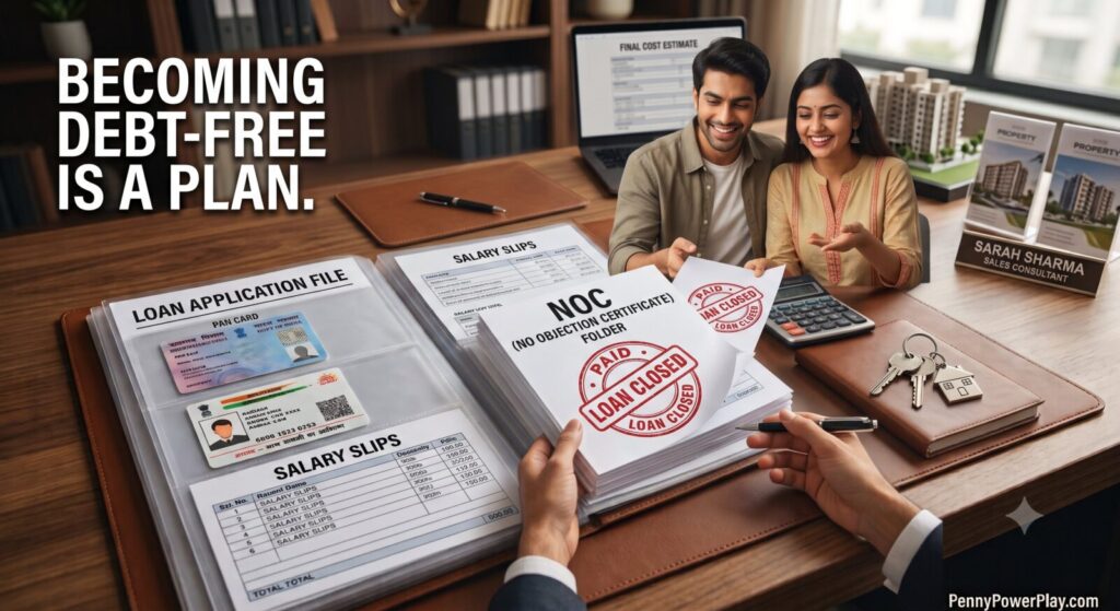 Happy Indian couple receiving original property documents and a No Objection Certificate (NOC) after successfully prepaying and closing their home loan.