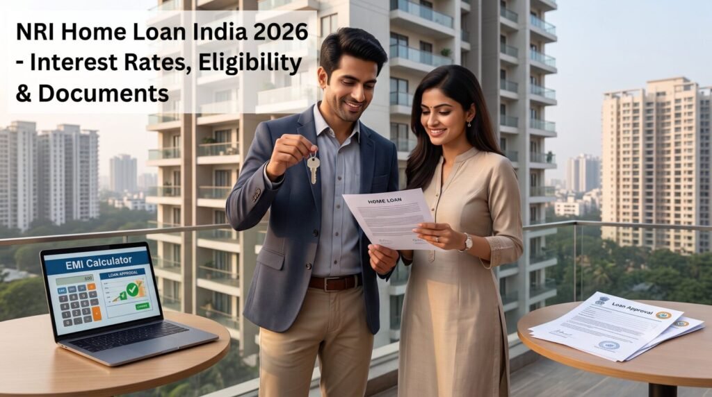 NRI Home Loan India 2026 featured image showing an Indian couple buying a home in India.