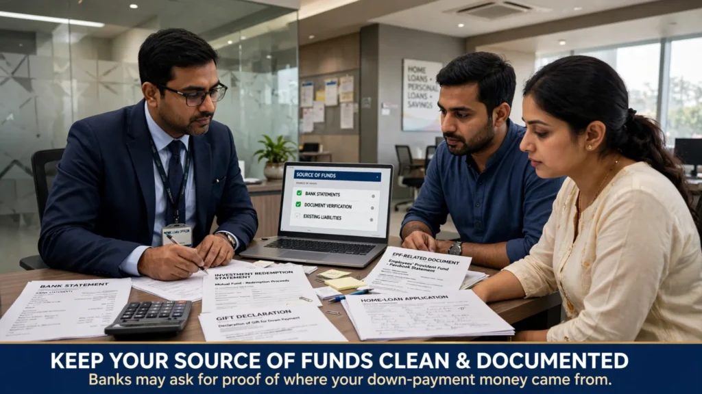 Home Loan Down Payment India (2026): Avoid Costly Mistakes | PennyPowerPlay Home loan officer verifying down payment source documents and bank statements
