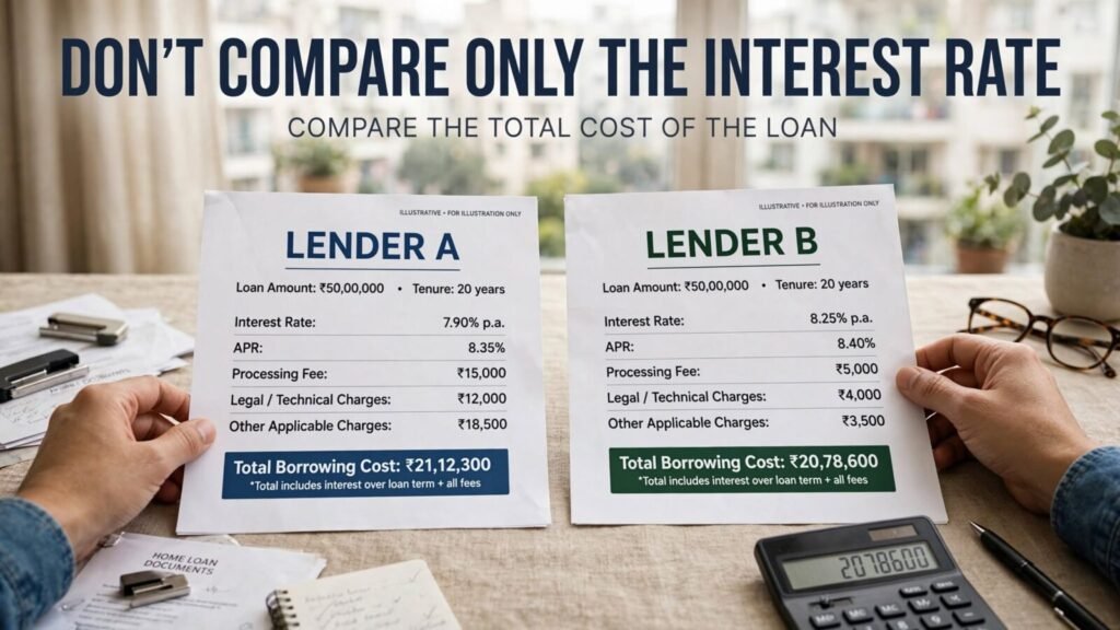 Comparison of home loan interest rate APR processing fees and total borrowing cost in India