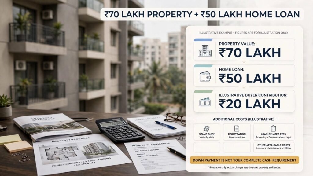 Illustrative cash requirement for ₹70 lakh property with ₹50 lakh home loan in Maharashtra