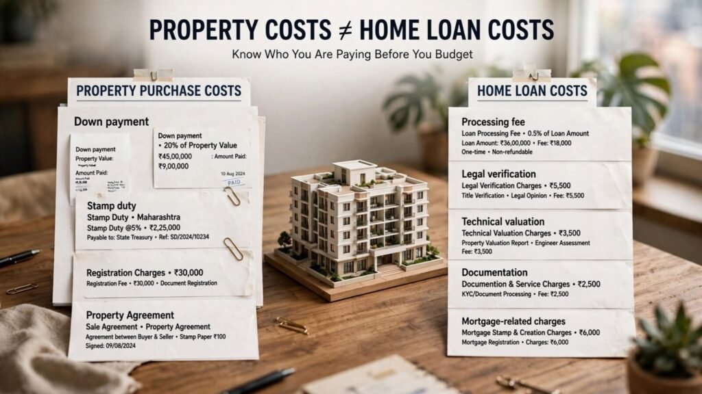 Difference between property purchase costs and home loan related charges in India