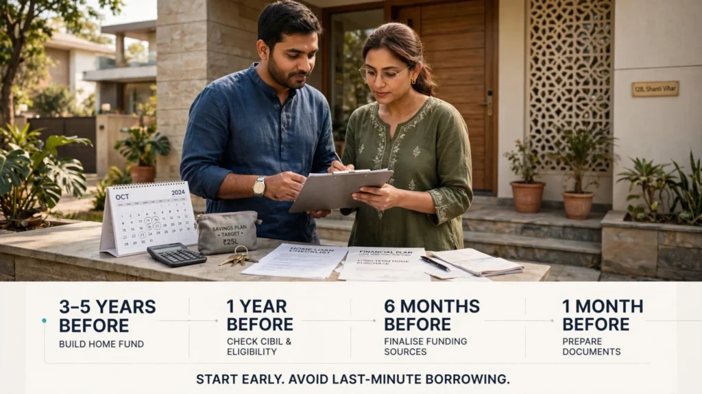 Home Loan Down Payment India (2026): Avoid Costly Mistakes | PennyPowerPlay Home loan down payment planning timeline from three years before purchase to application