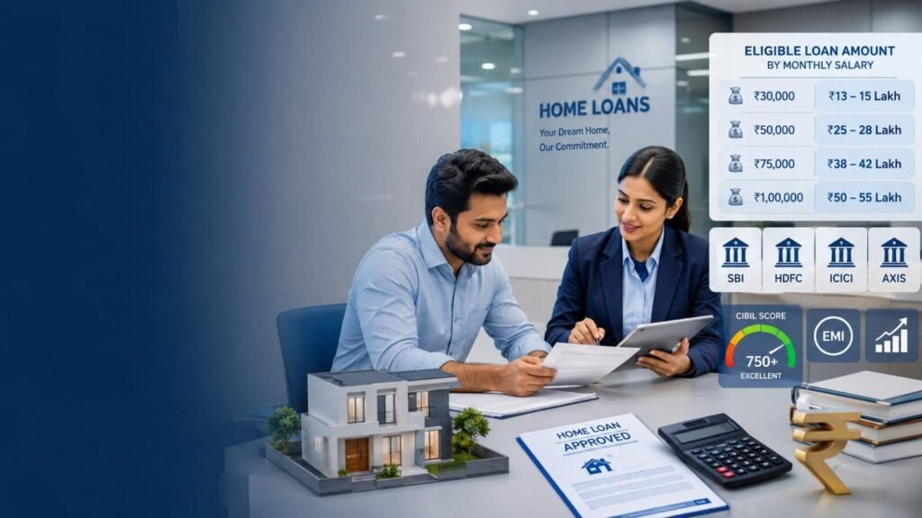 Home Loan Eligibility on ₹30,000, ₹50,000, ₹75,000 & ₹1 Lakh Salary: Exact Amounts You Can Get in 2026 | PennyPowerPlay Home loan eligibility by salary in India showing estimated loan amounts for ₹30K, ₹50K, ₹75K and ₹1 lakh salary.