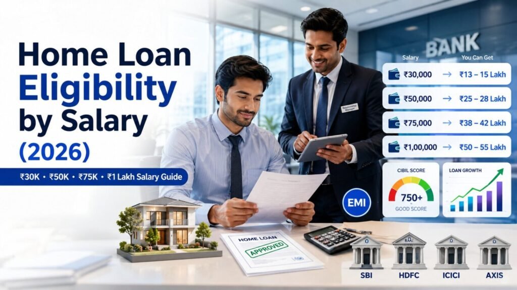 Home loan eligibility comparison in India showing estimated loan amounts for ₹30,000, ₹50,000, ₹75,000 and ₹1 lakh monthly salary with SBI, HDFC, ICICI and Axis Bank comparison.