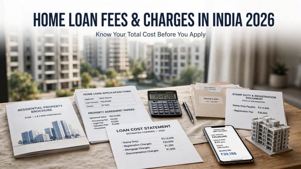 Home loan fees and charges in India 2026 shown through property documents, calculator and loan cost sheet