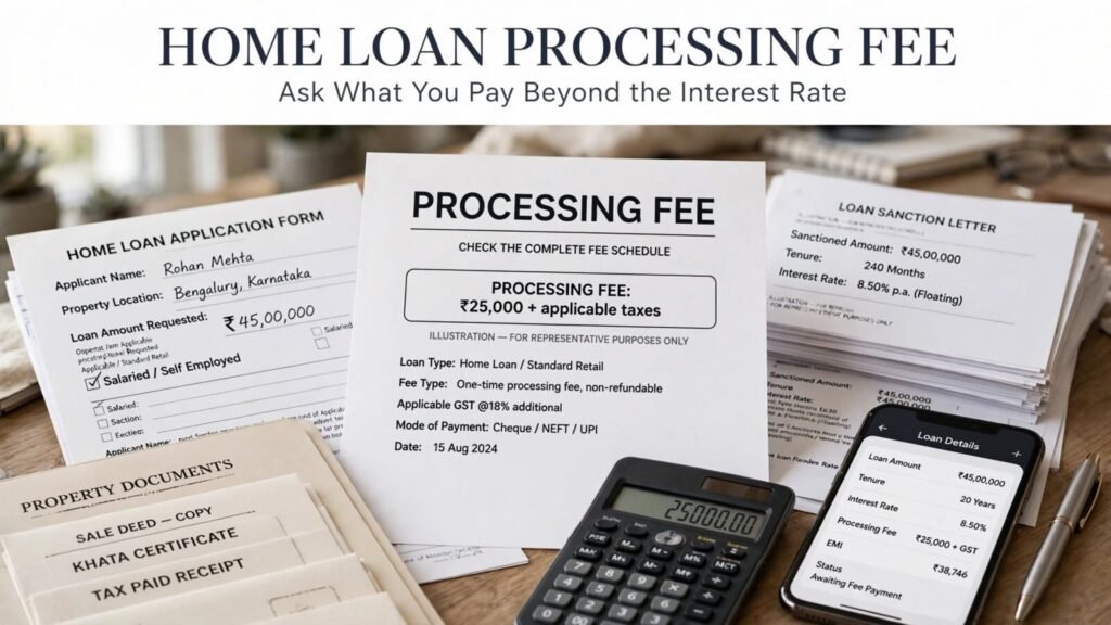 Home loan processing fee shown on Indian loan application and fee statement