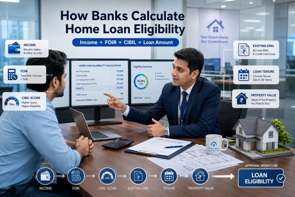 Home Loan Eligibility on ₹30,000, ₹50,000, ₹75,000 & ₹1 Lakh Salary: Exact Amounts You Can Get in 2026 | PennyPowerPlay Bank credit officer calculating home loan eligibility using income, FOIR and CIBIL score.