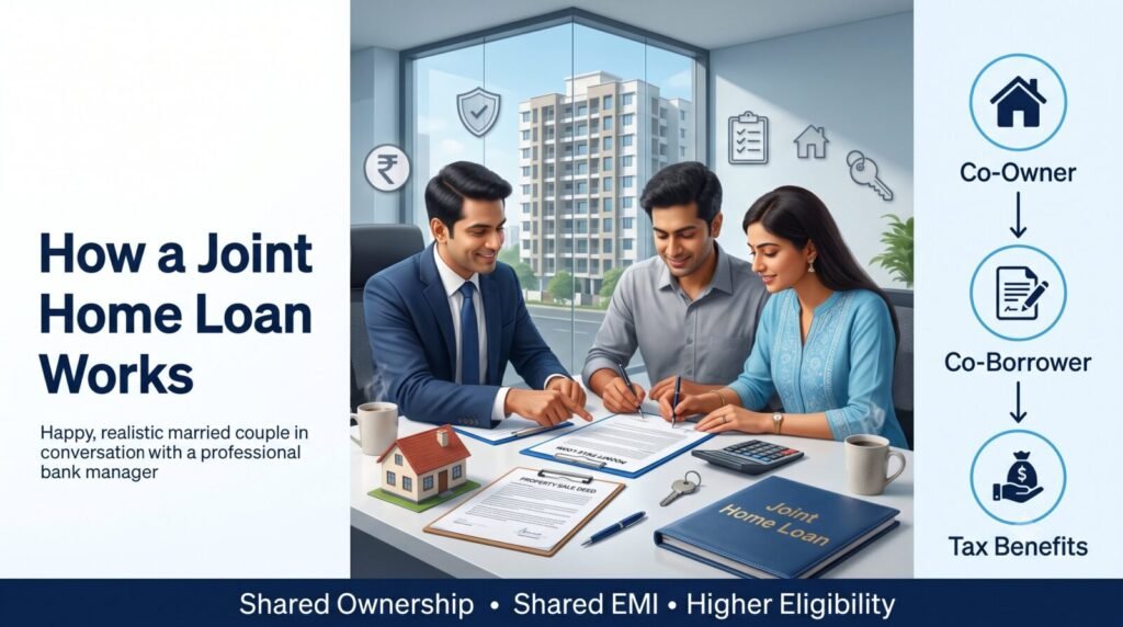 Joint Home Loan in India (2026): Complete Guide for Couples & Family Eligibility, Tax Benefits Up to ₹7 Lakh & Bank Rules | PennyPowerPlay Indian couple discussing a joint home loan with a bank manager while reviewing ownership documents and understanding co-owner and co-borrower benefits.