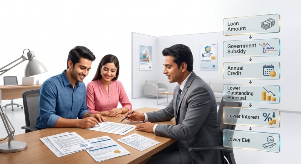 PMAY Subsidy Guide 2026: How to Save Up to ₹1.8 Lakh on Your Home Loan (Complete Step-by-Step) | PennyPowerPlay Illustration showing how PMAY Urban 2.0 subsidy reduces home loan principal over five years.