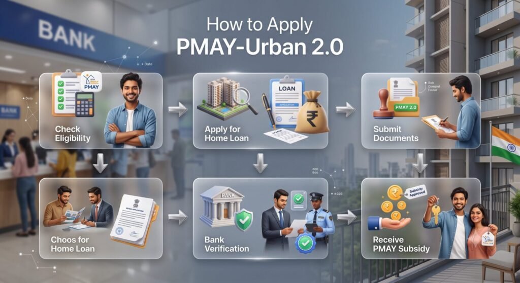 PMAY Subsidy Guide 2026: How to Save Up to ₹1.8 Lakh on Your Home Loan (Complete Step-by-Step) | PennyPowerPlay Step-by-step PMAY Urban 2.0 application process for first-time home buyers in India.