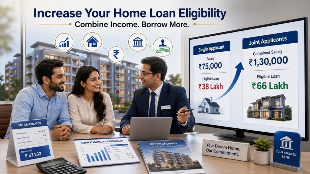 Joint Home Loan in India (2026): Complete Guide for Couples & Family Eligibility, Tax Benefits Up to ₹7 Lakh & Bank Rules | PennyPowerPlay Indian couple comparing single versus joint home loan eligibility with salary, EMI, and loan amount illustrations in a bank office.