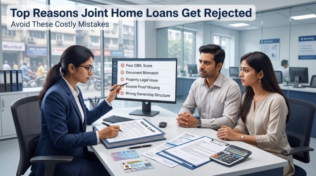 Joint Home Loan in India (2026): Complete Guide for Couples & Family Eligibility, Tax Benefits Up to ₹7 Lakh & Bank Rules | PennyPowerPlay Indian bank officer reviewing a joint home loan application while explaining common rejection reasons such as poor CIBIL score and document issues.