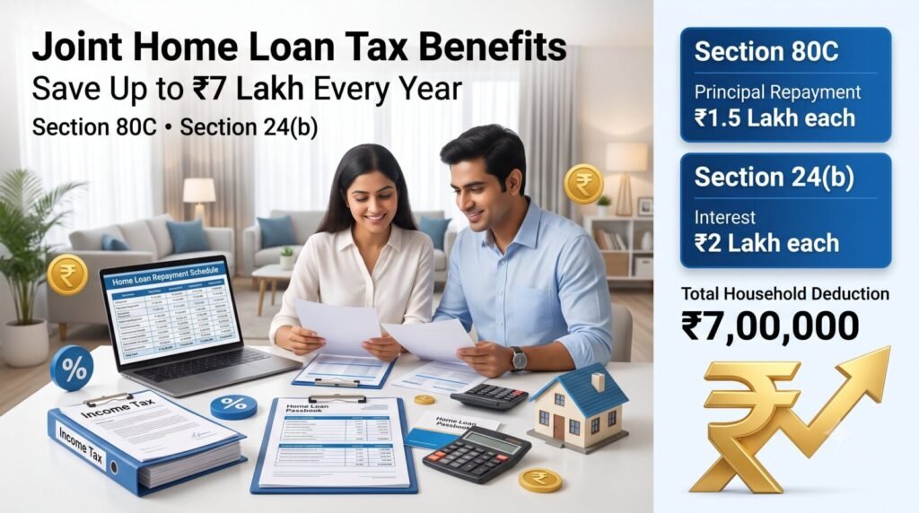 Joint Home Loan in India (2026): Complete Guide for Couples & Family Eligibility, Tax Benefits Up to ₹7 Lakh & Bank Rules | PennyPowerPlay Indian couple calculating joint home loan tax benefits using Sections 80C and 24(b) with financial documents and a home loan schedule.