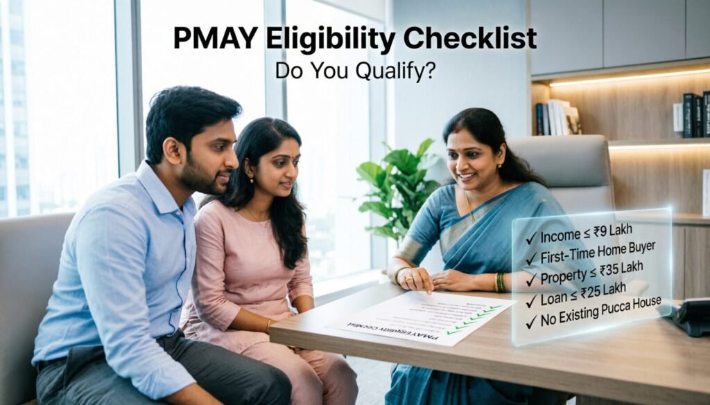 PMAY Subsidy Guide 2026: How to Save Up to ₹1.8 Lakh on Your Home Loan (Complete Step-by-Step) | PennyPowerPlay Indian home buyer checking PMAY Urban 2.0 eligibility requirements before applying for home loan subsidy.