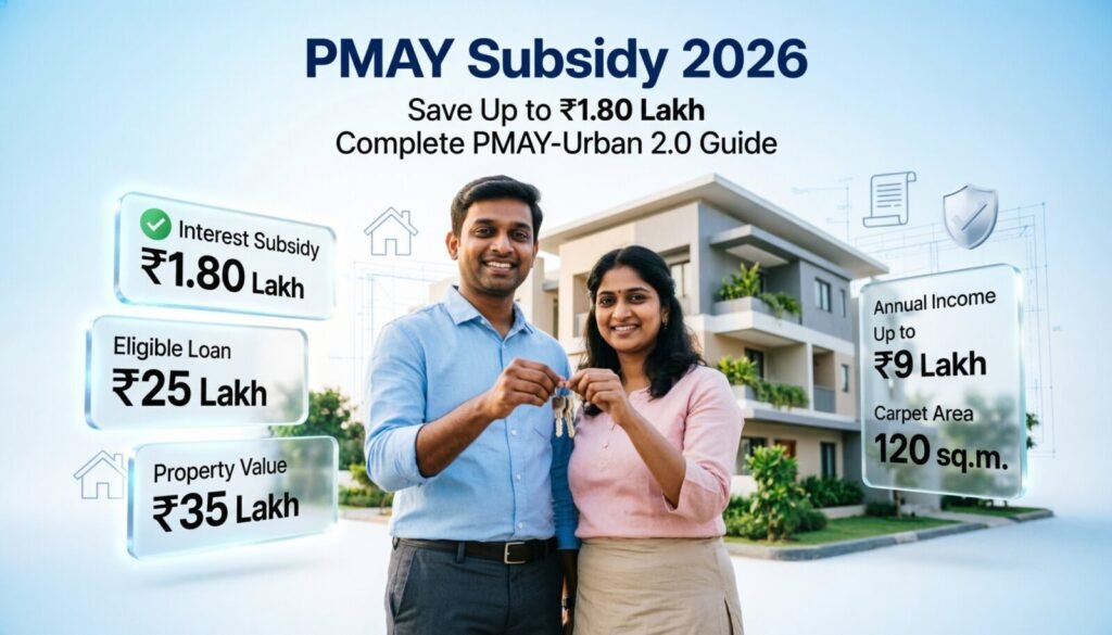 PMAY Subsidy 2026 guide showing PMAY Urban 2.0 home loan subsidy eligibility, ₹1.8 lakh subsidy benefit, and first-time home buyer in India.