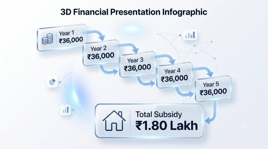 PMAY Subsidy Guide 2026: How to Save Up to ₹1.8 Lakh on Your Home Loan (Complete Step-by-Step) | PennyPowerPlay PMAY Urban 2.0 subsidy payment timeline showing annual ₹36,000 installments over five years.