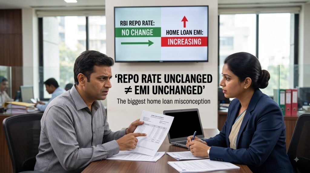 RBI Repo Rate at 5.25%: Why Your Home Loan EMI Can Still Change in 2026 | PennyPowerPlay Borrower discussing increased home loan EMI despite unchanged repo rate