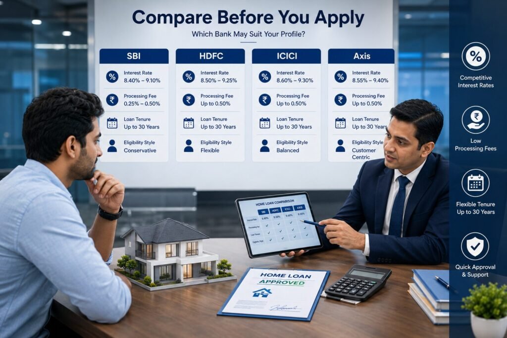 Home Loan Eligibility on ₹30,000, ₹50,000, ₹75,000 & ₹1 Lakh Salary: Exact Amounts You Can Get in 2026 | PennyPowerPlay Comparison of SBI, HDFC, ICICI and Axis Bank home loan features.