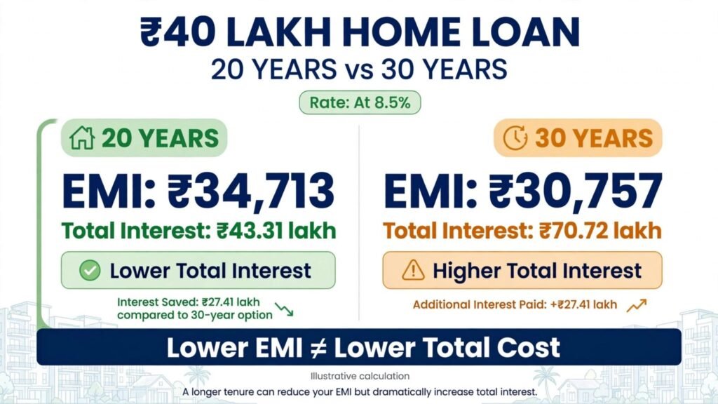 Comparison of ₹40 lakh home loan EMI and total interest for 20 and 30 years