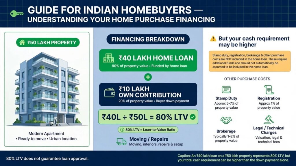 ₹40 lakh home loan on ₹50 lakh property showing 80 percent LTV and ₹10 lakh contribution