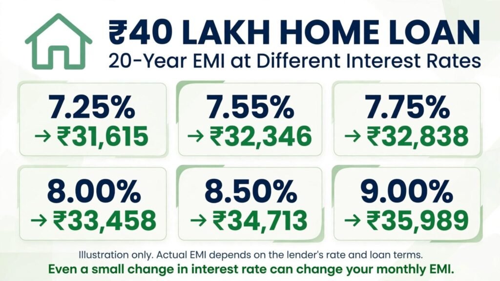 ₹40 lakh home loan EMI comparison at 7.25% to 9% interest rates