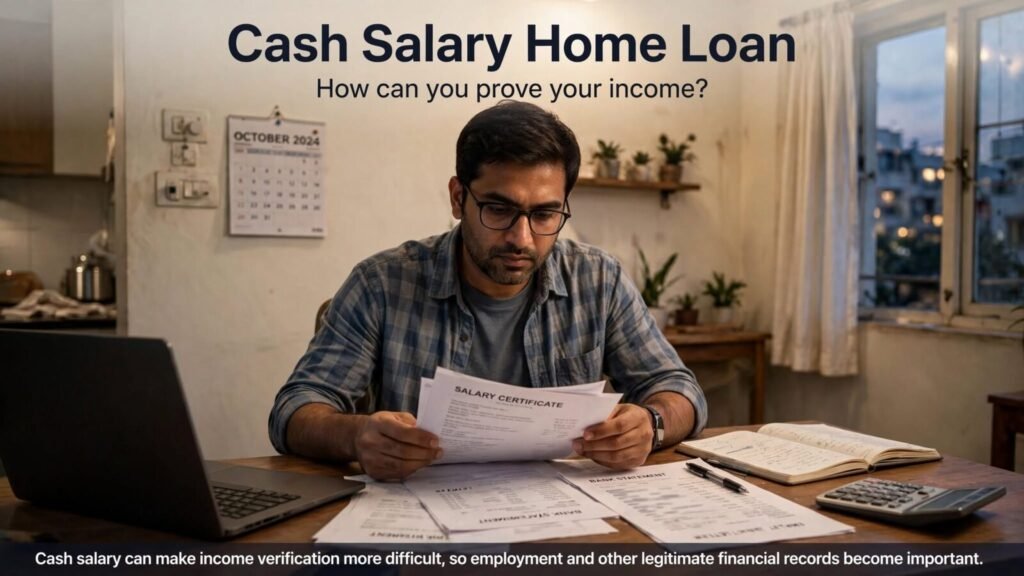 Indian employee organizing documents for a cash salary home loan
