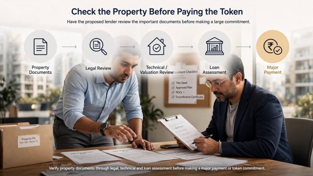 Home buyer reviewing CIDCO property documents with a lender before paying a large token amount