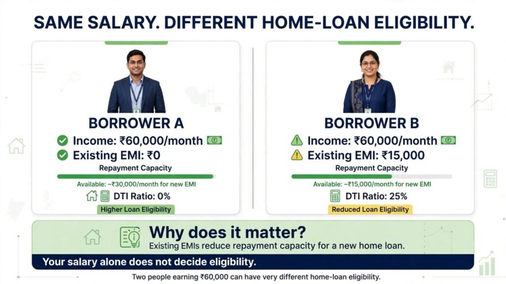 Existing EMI reducing home loan eligibility for a borrower earning ₹60,000
