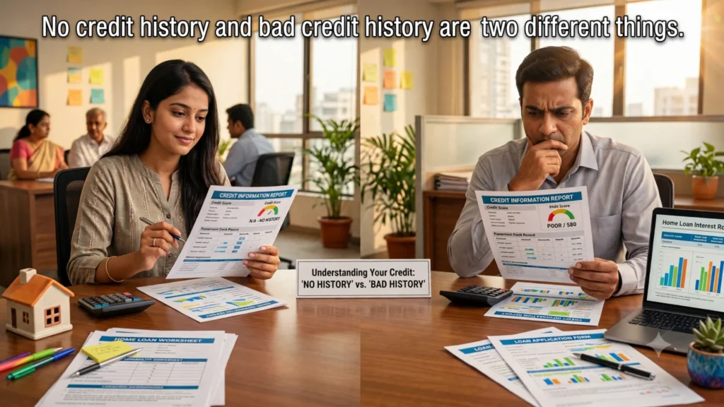 No CIBIL score versus bad credit history for home loan approval