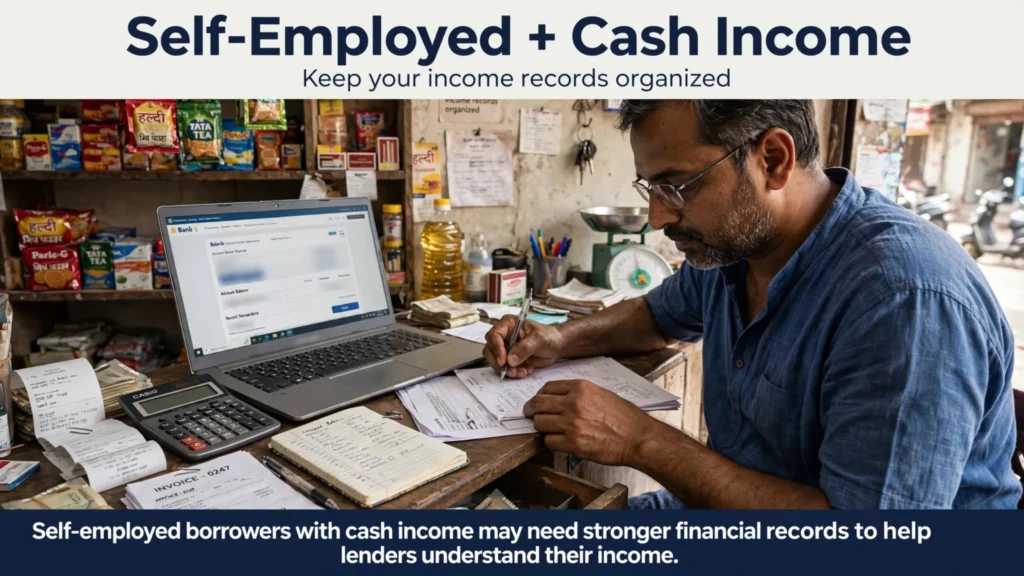 Indian small business owner organizing cash income records for a home loan