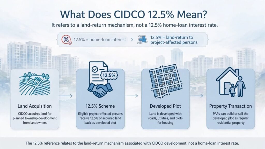 Infographic explaining that CIDCO 12.5% refers to a land-return mechanism for eligible PAP landowners