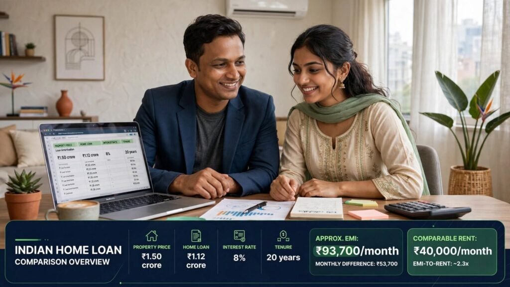 ₹1.5 crore home loan example comparing ₹93,700 EMI with ₹40,000 monthly rent